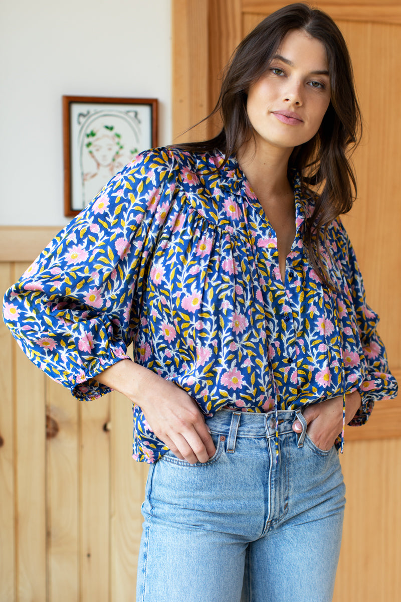 Emmaline Blouse - Blue Chrysanthemum Satin