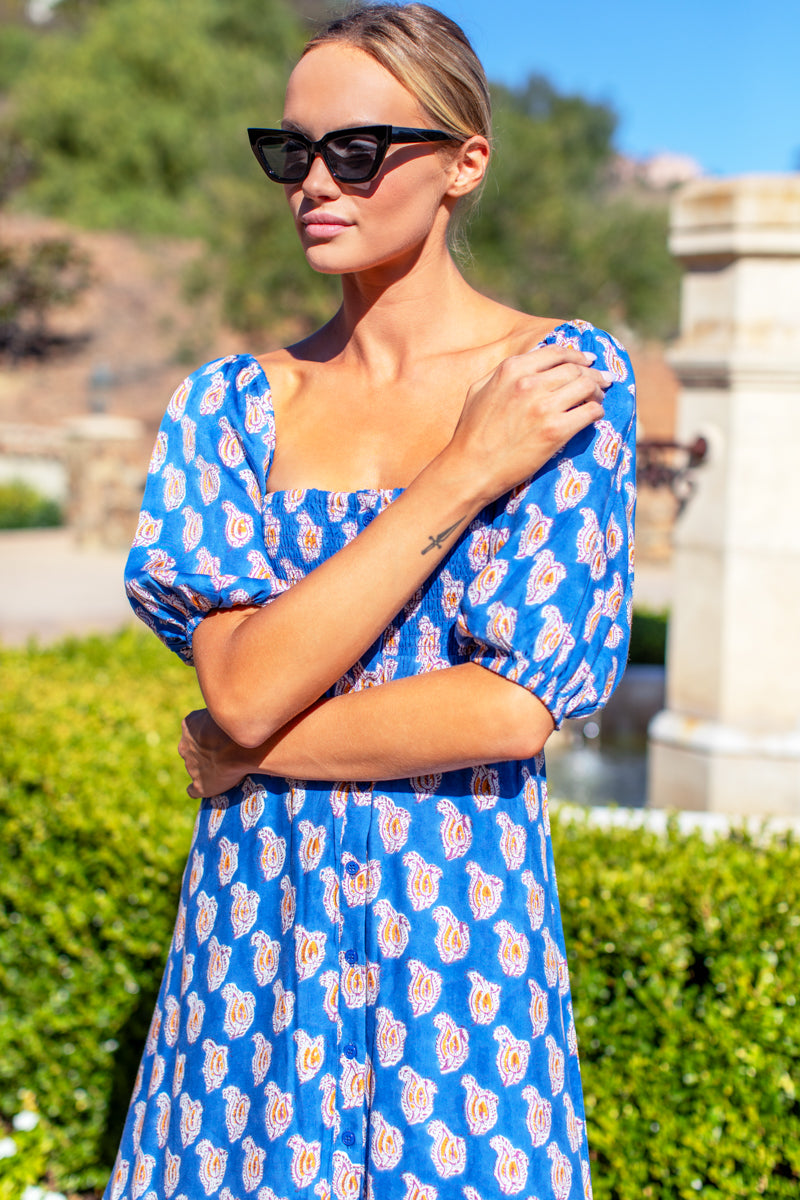 Santiago 3 Maxi Dress - Blue Paisley Flower Satin