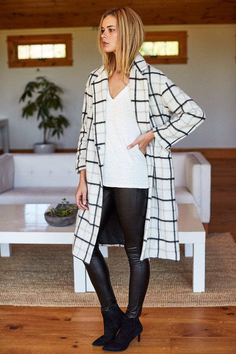 Drop Shoulder Coat - Ivory Plaid