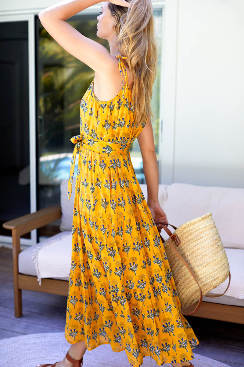 India Button Front Sundress - Big Marigolds Yellow Organic