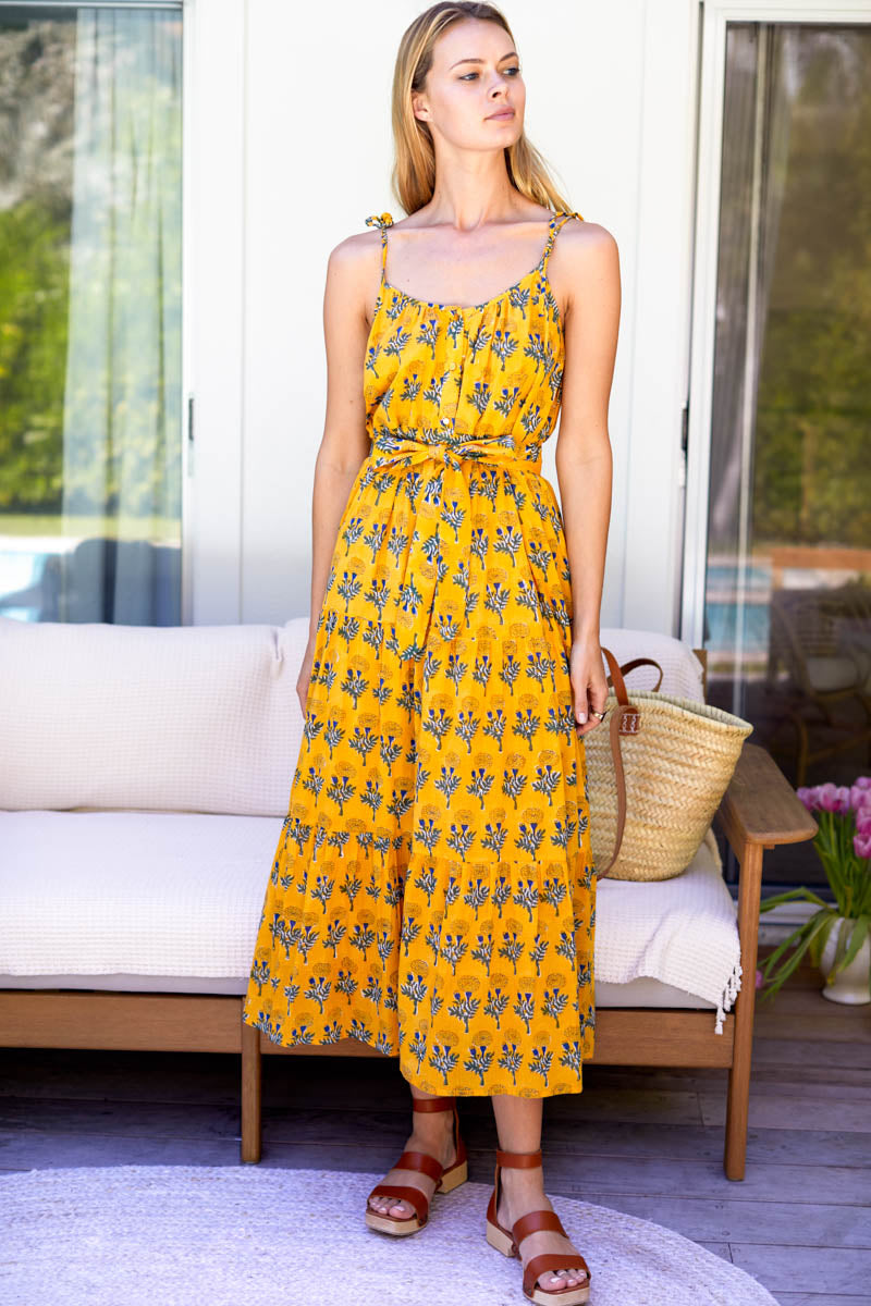 India Button Front Sundress - Big Marigolds Yellow Organic