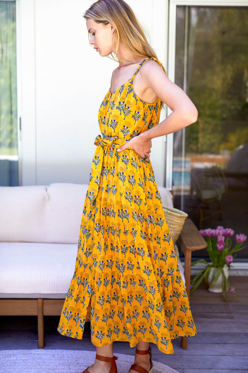 India Button Front Sundress - Big Marigolds Yellow Organic