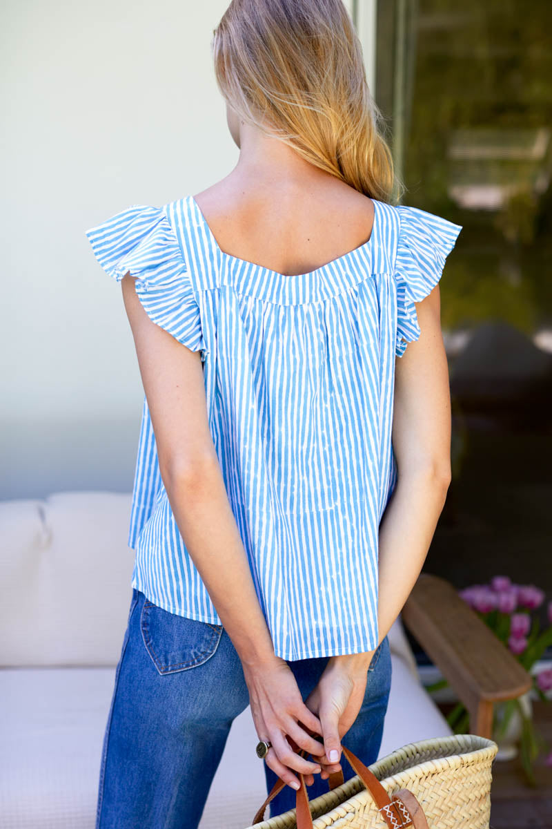 Laurent Flutter Top - Sunday Stripe Bluesy Organic