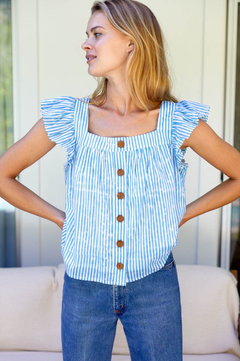 Laurent Flutter Top - Sunday Stripe Bluesy Organic