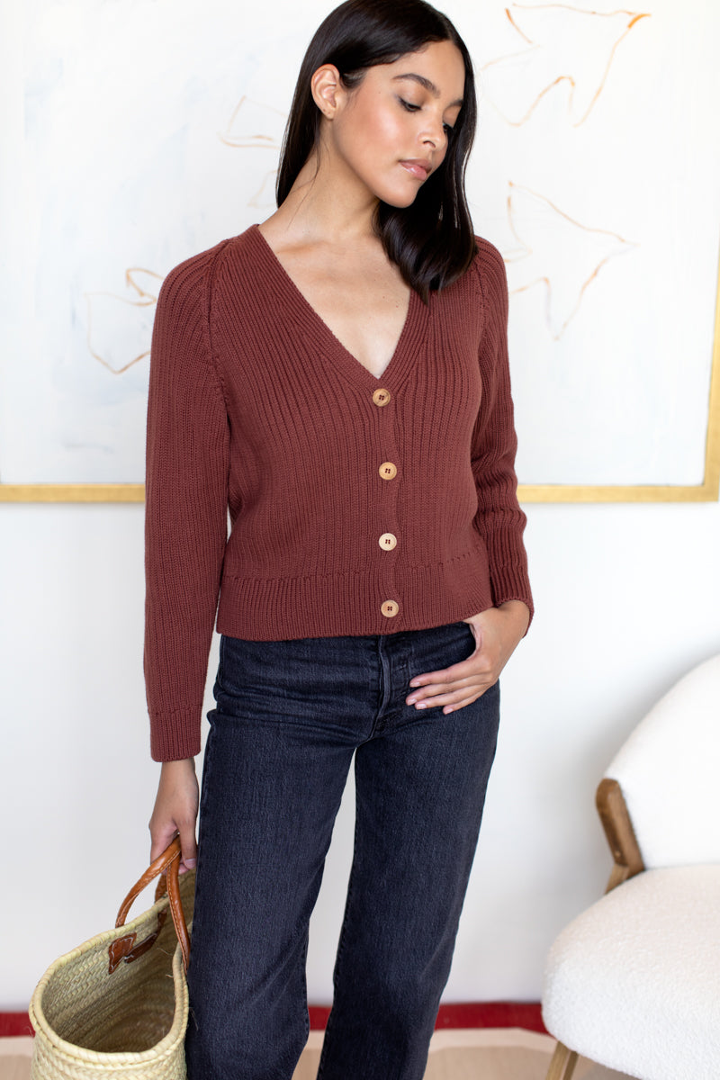 Low V Neck Cardigan - Spiced Apple Organic