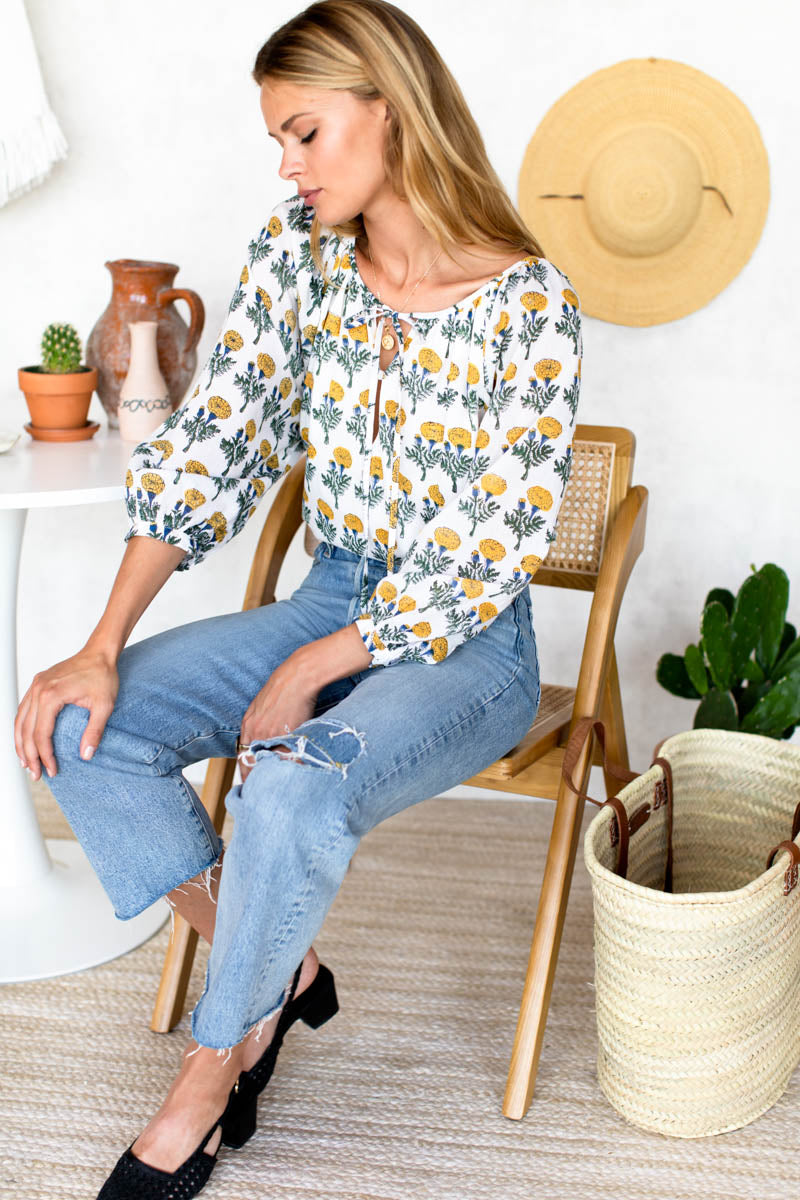 Lucy Blouse - Big Marigolds White Organic