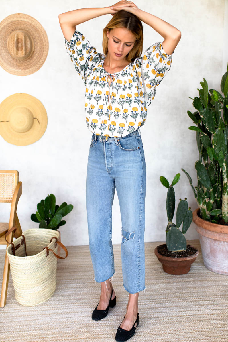 Lucy Blouse - Big Marigolds White Organic