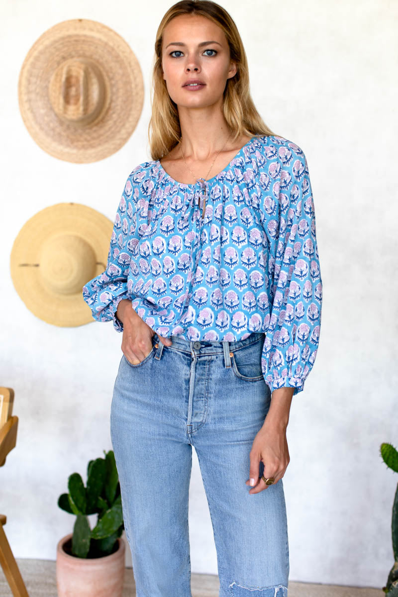 Lucy Blouse - Friday Flowers Blue + Pink Organic - Emerson Fry