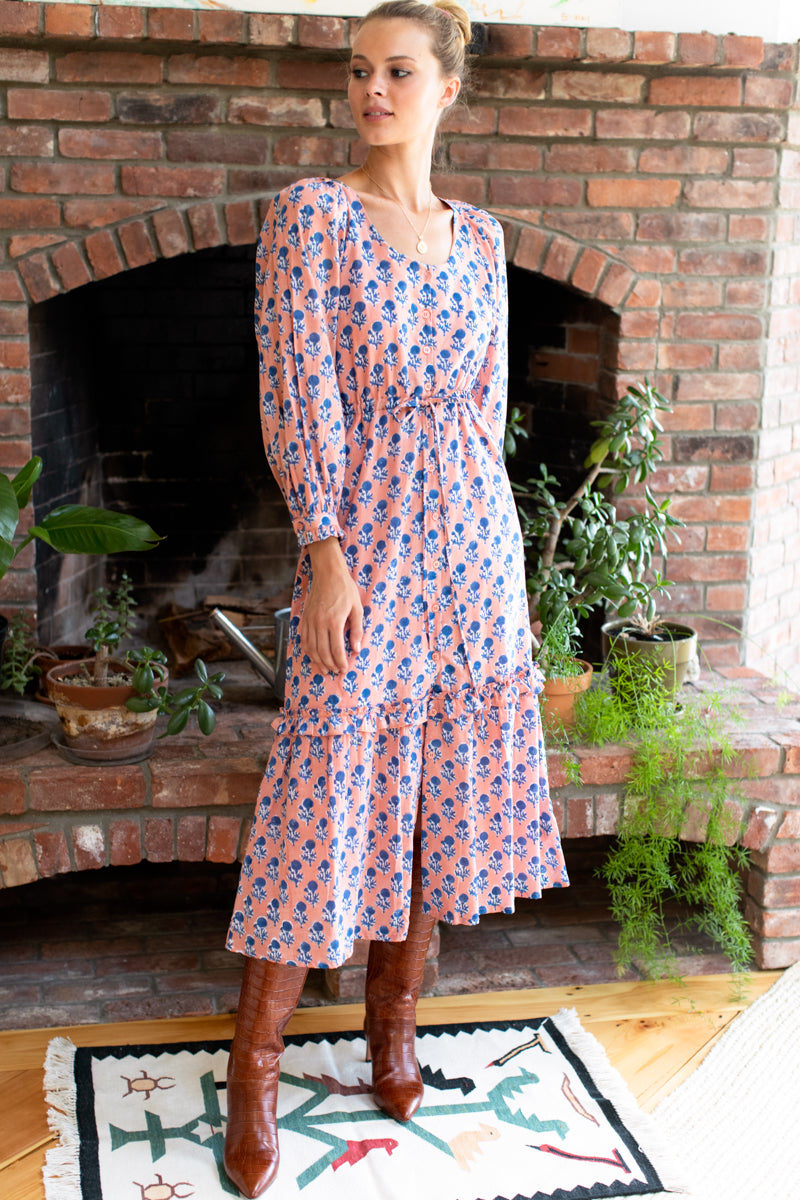 Lucy Long Sleeve Dress - Little Marigolds Apple + Blue Organic