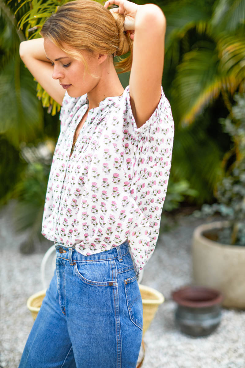 Mandarin Collar Top - Rosey Flowers Organic