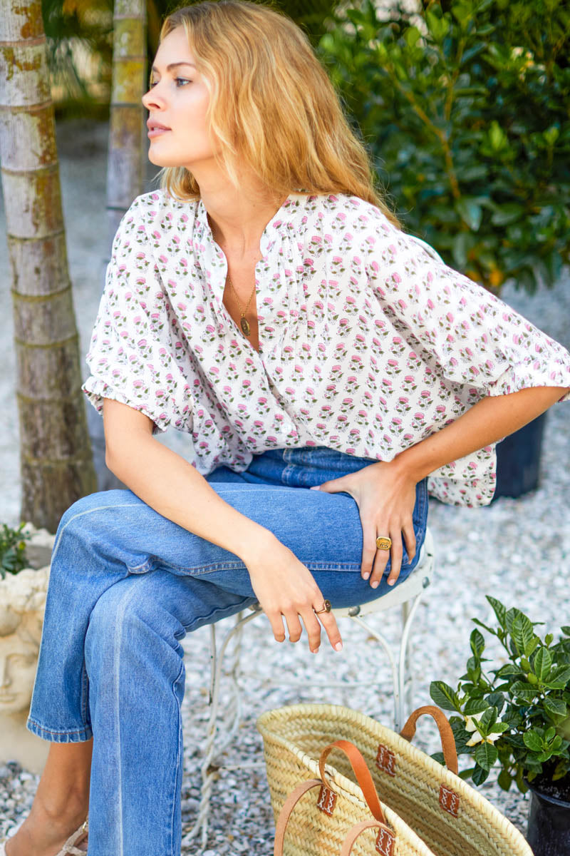 Mandarin Collar Top - Rosey Flowers Organic