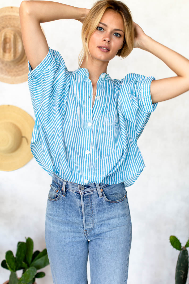 Mandarin Collar Top - Sunday Stripe Bluesy Organic