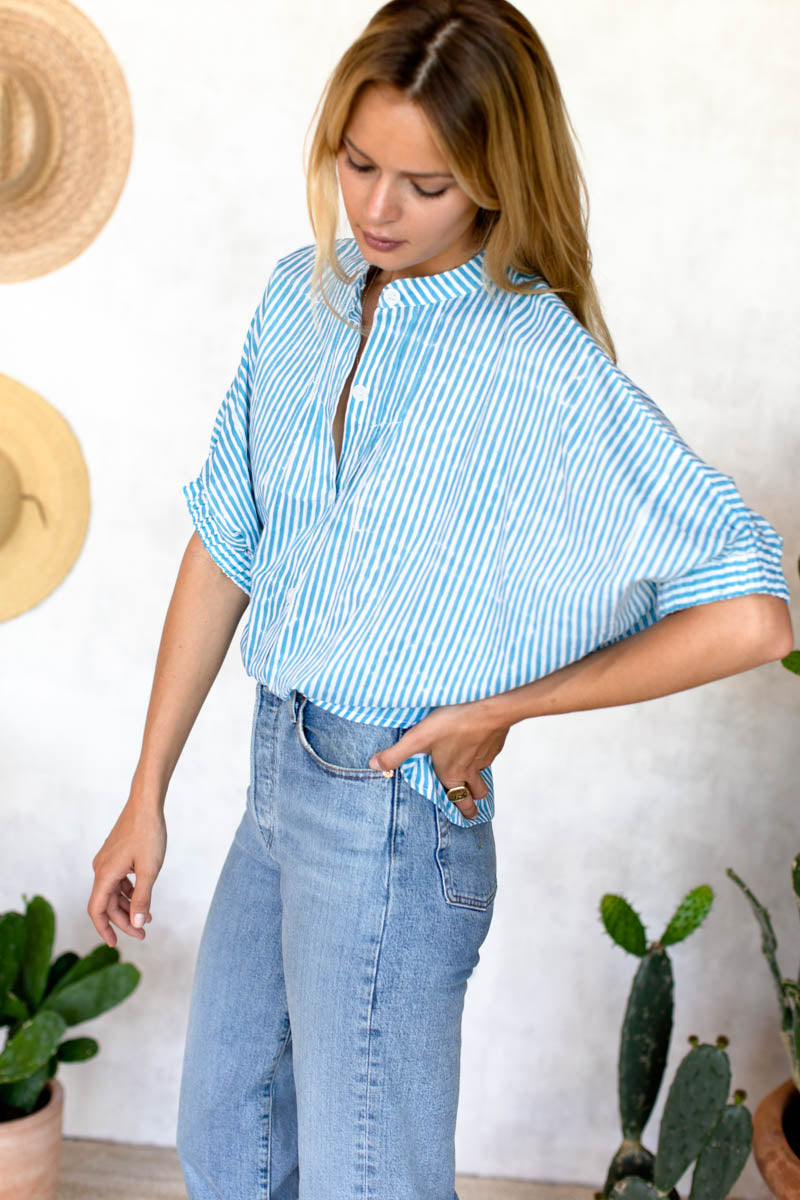 Mandarin Collar Top - Sunday Stripe Bluesy Organic