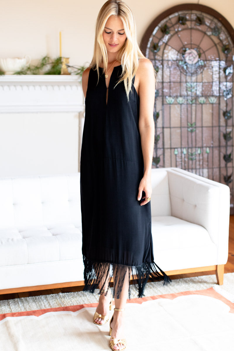 Cut Out Fringe Midi Dress - Black