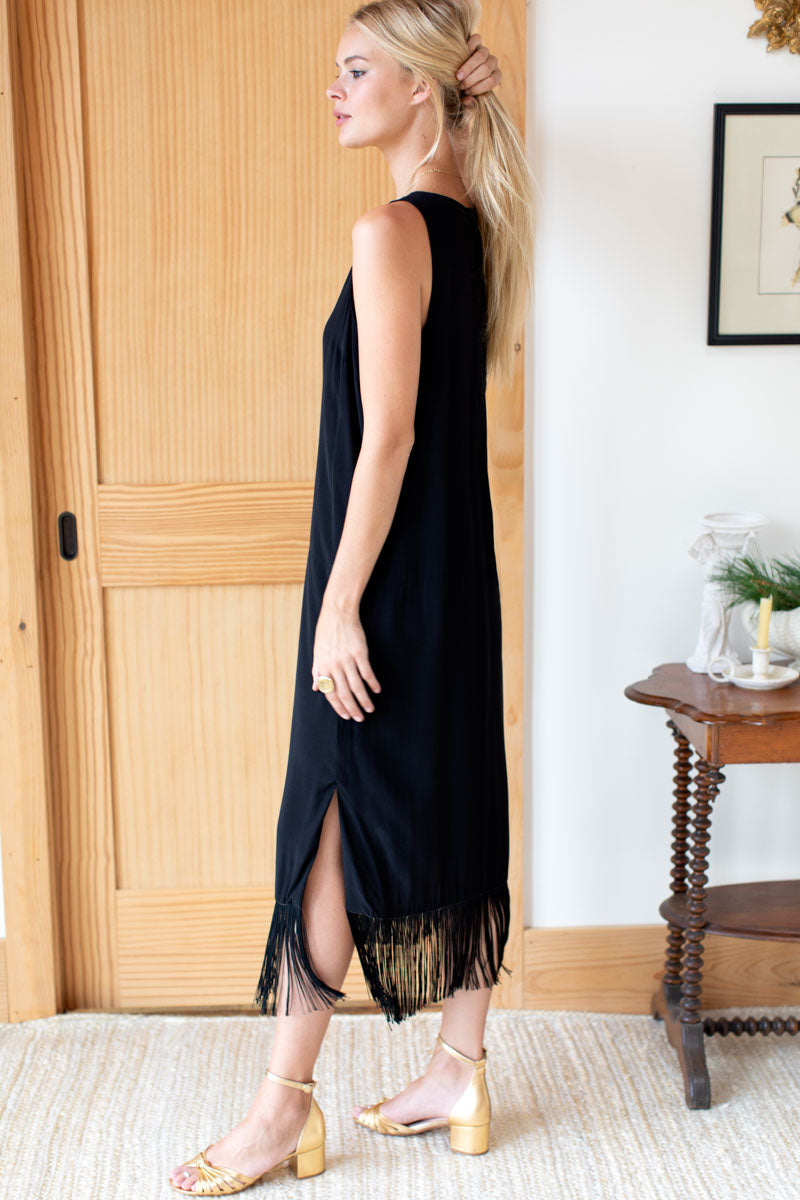 Cut Out Fringe Midi Dress - Black