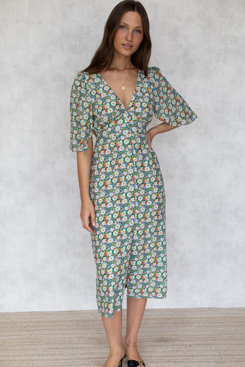 Juney Angel Sleeve Dress - Meadow Flower Print