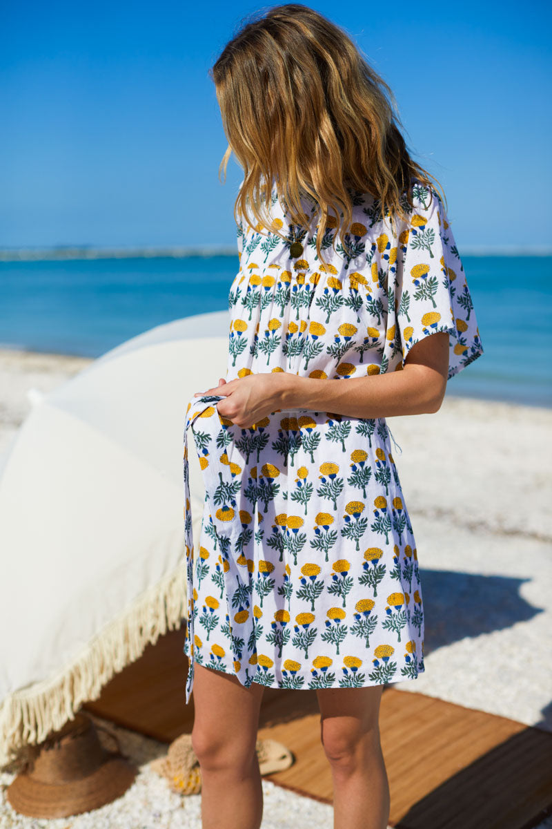 Basalie Dress - Big Marigolds White Organic