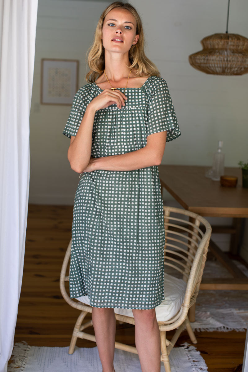 Colette Short Dress - Moss Gingham Organic