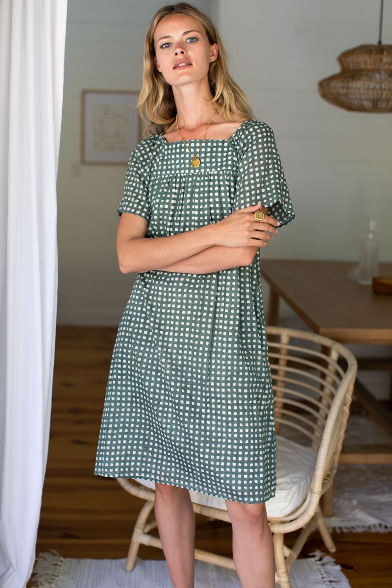 Colette Short Dress - Moss Gingham Organic