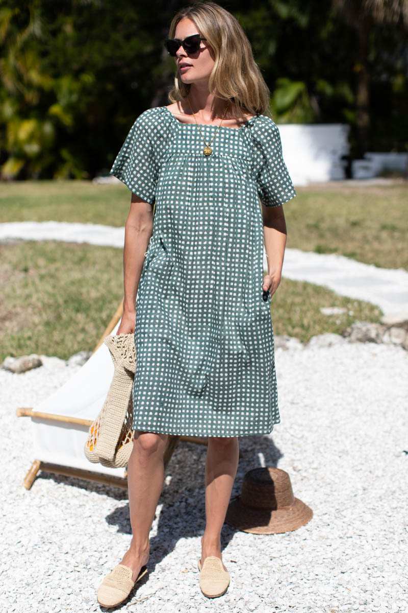 Colette Short Dress - Moss Gingham Organic