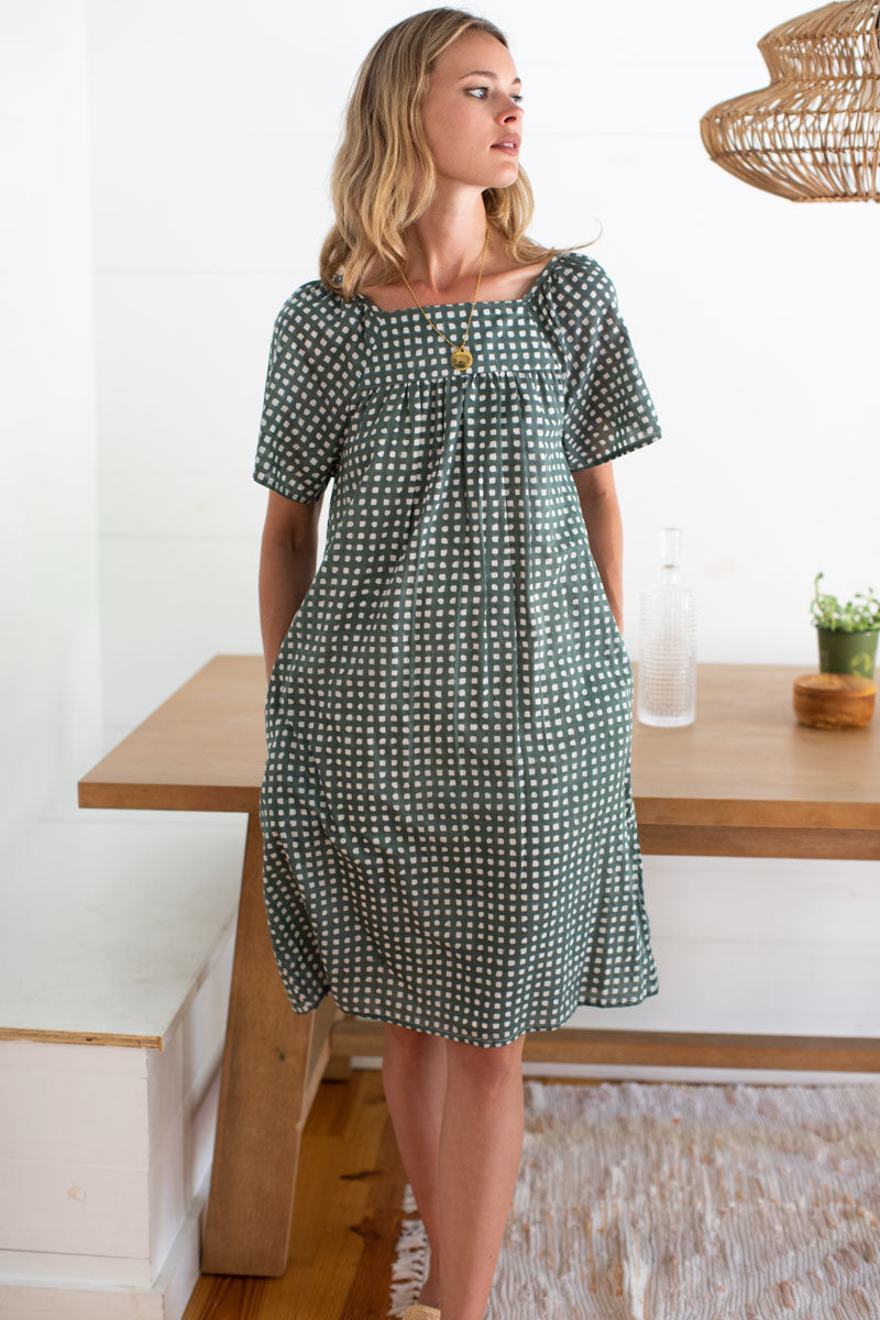 Colette Short Dress - Moss Gingham Organic