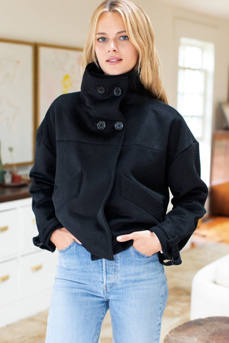 Cozy High Neck Jacket - Black Wool Cashmere