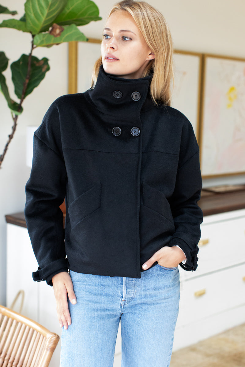 Cozy High Neck Jacket - Black Wool Cashmere