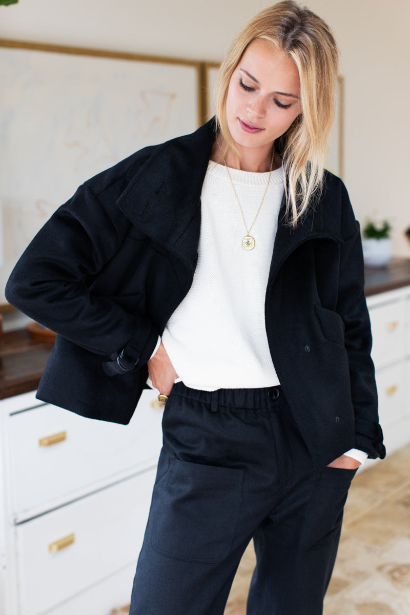 Cozy High Neck Jacket - Black Wool Cashmere