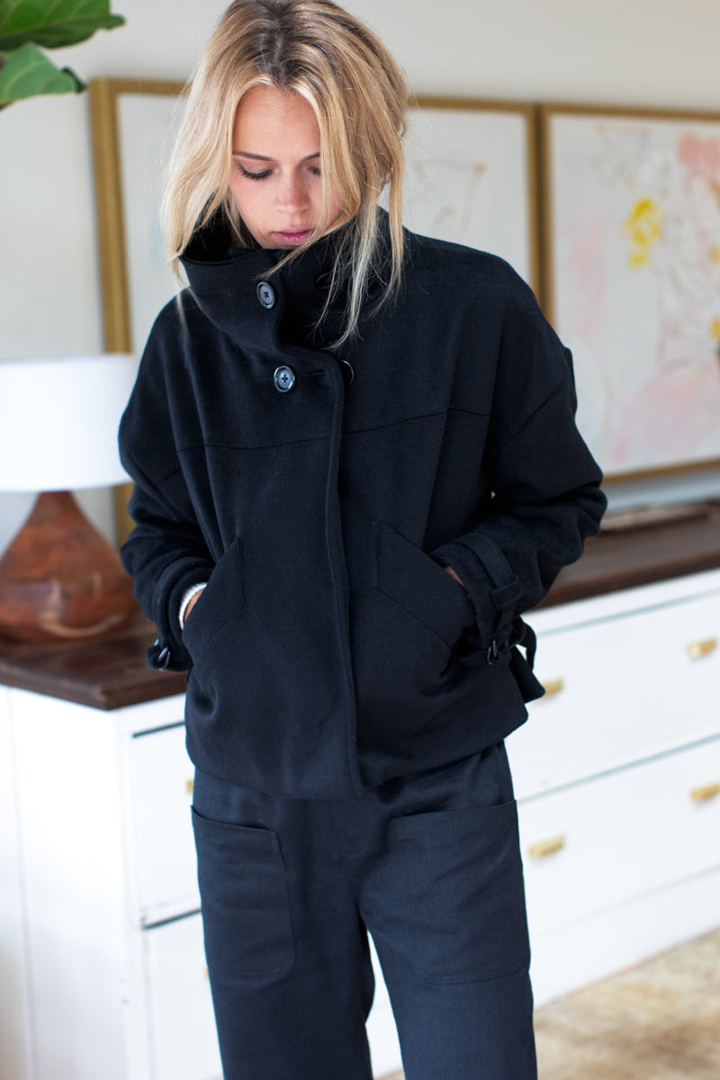 Cozy High Neck Jacket - Black Wool Cashmere