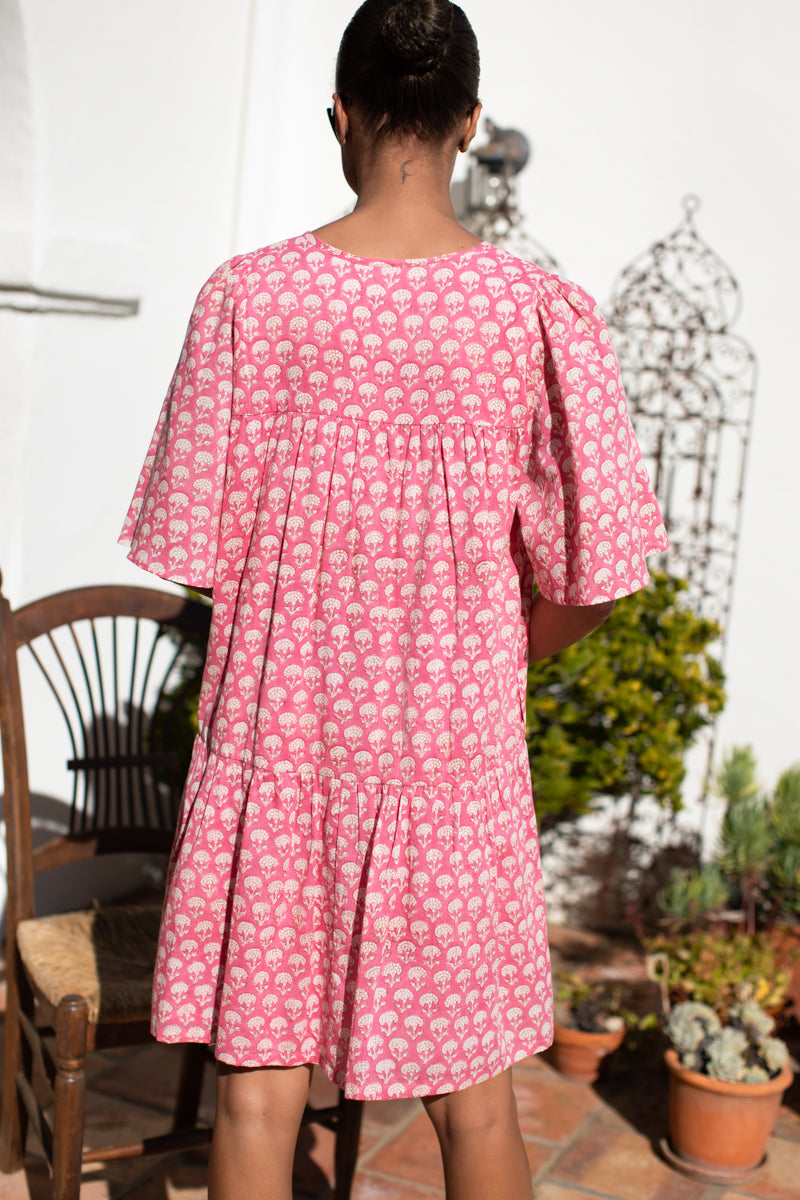 Amelia Button Short Dress - Crescent Flower Bon Pink Organic