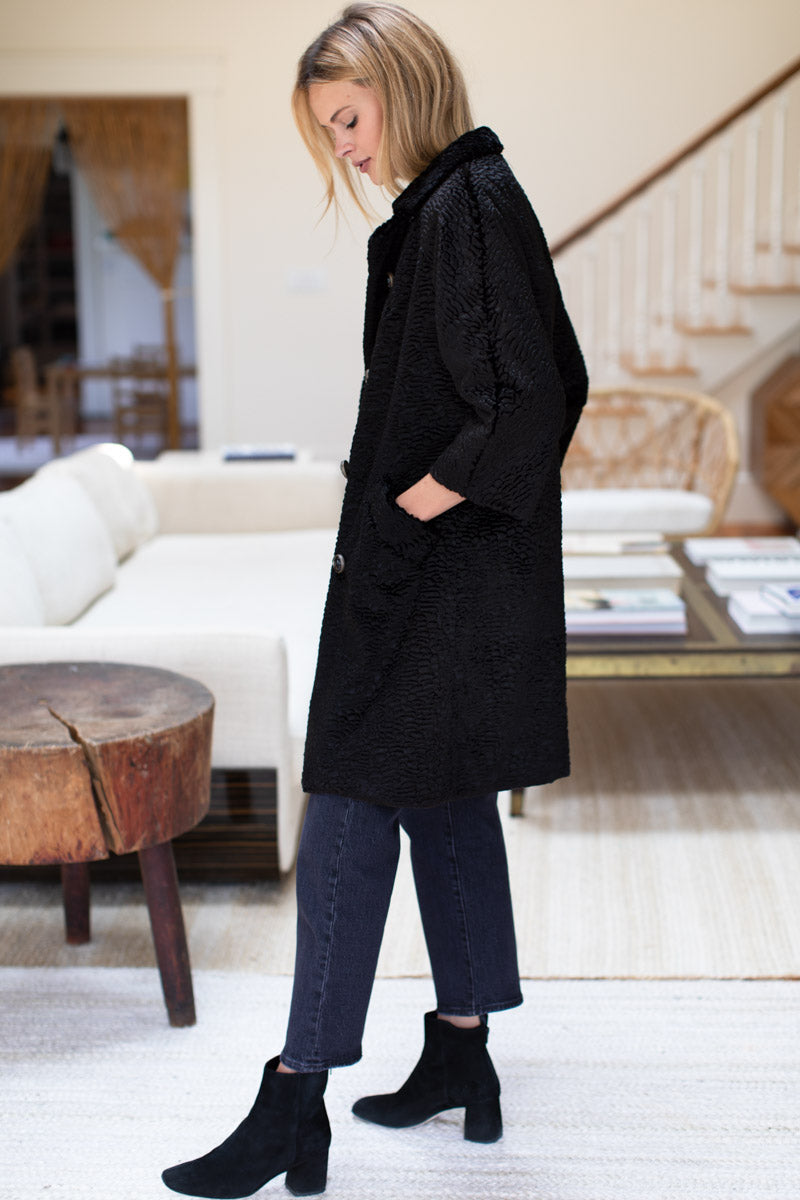 Faux Persian Lamb Coat - Black