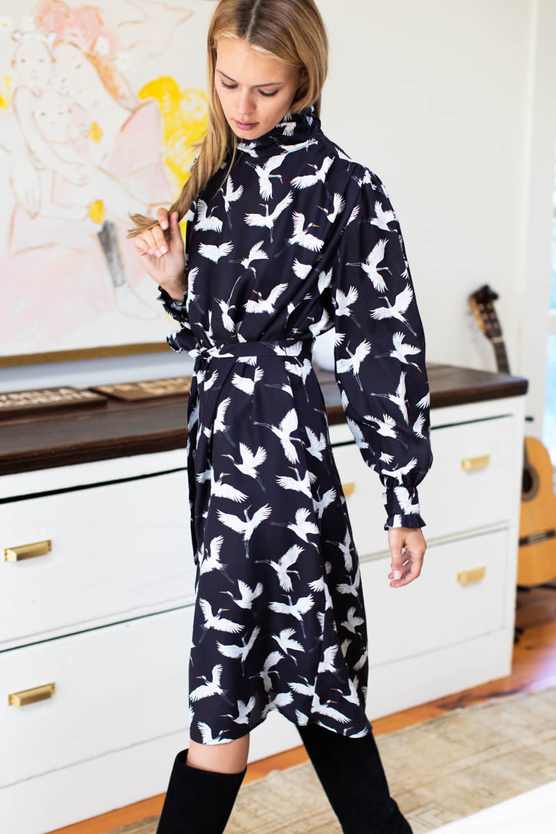 Frederique Shirtdress - Black Silk Crane