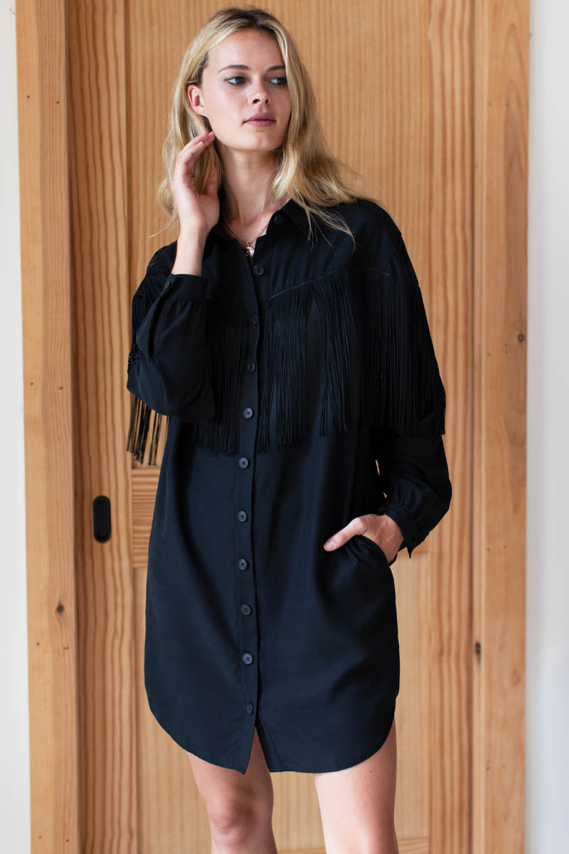 Fringe Shirtdress - Black Tencel