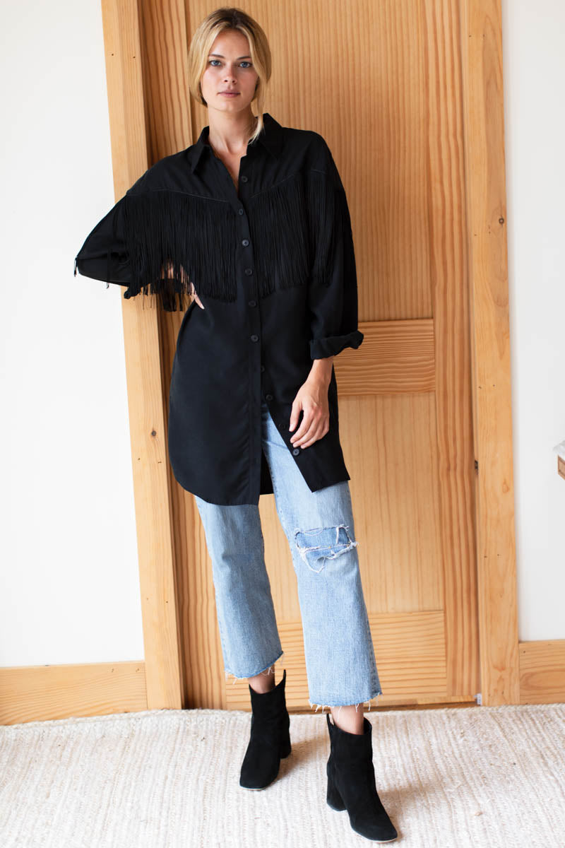 Fringe Shirtdress - Black Tencel