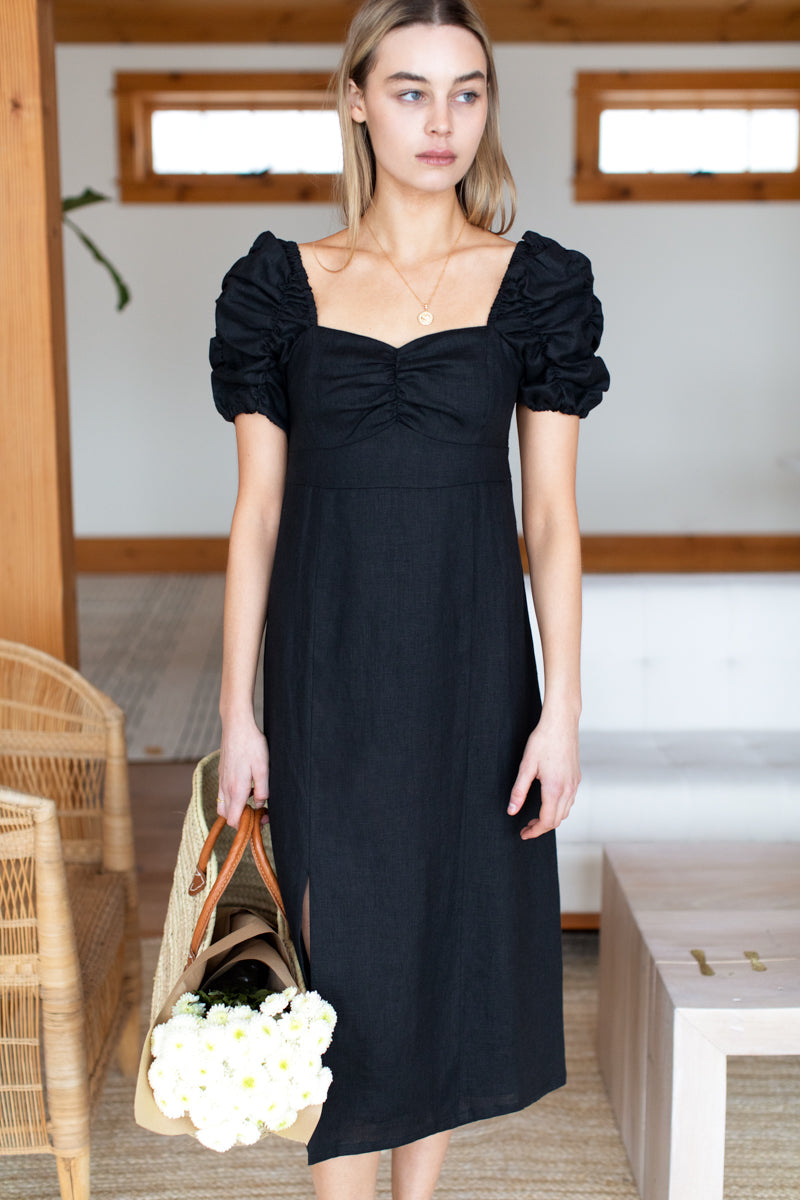 EBONY LINEN GATHER DRESS | nu-human.com