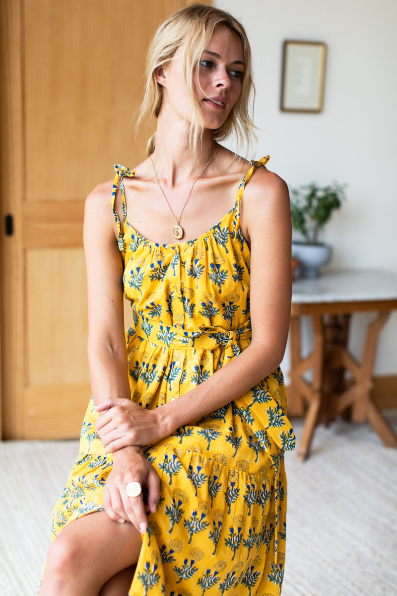 India Button Front Sundress - Big Marigolds Yellow Organic