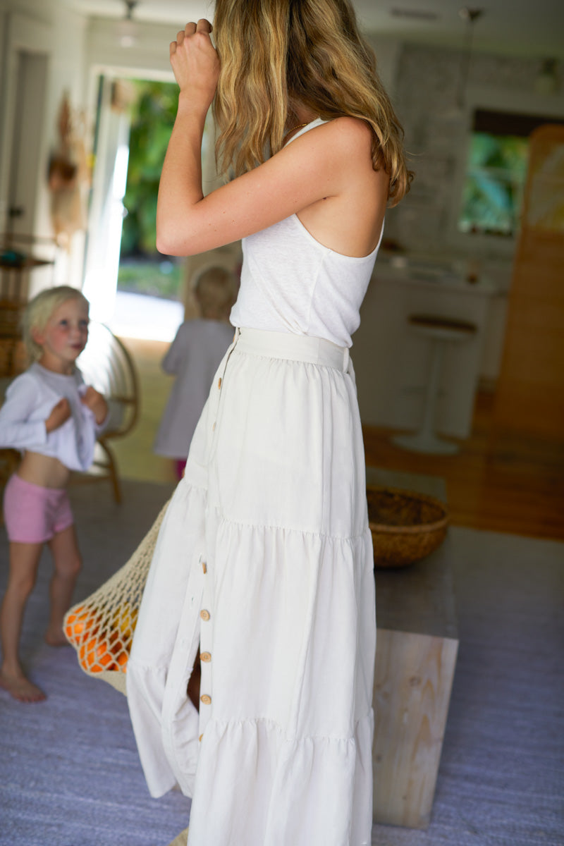 Lake Button Front Skirt - Almond Linen