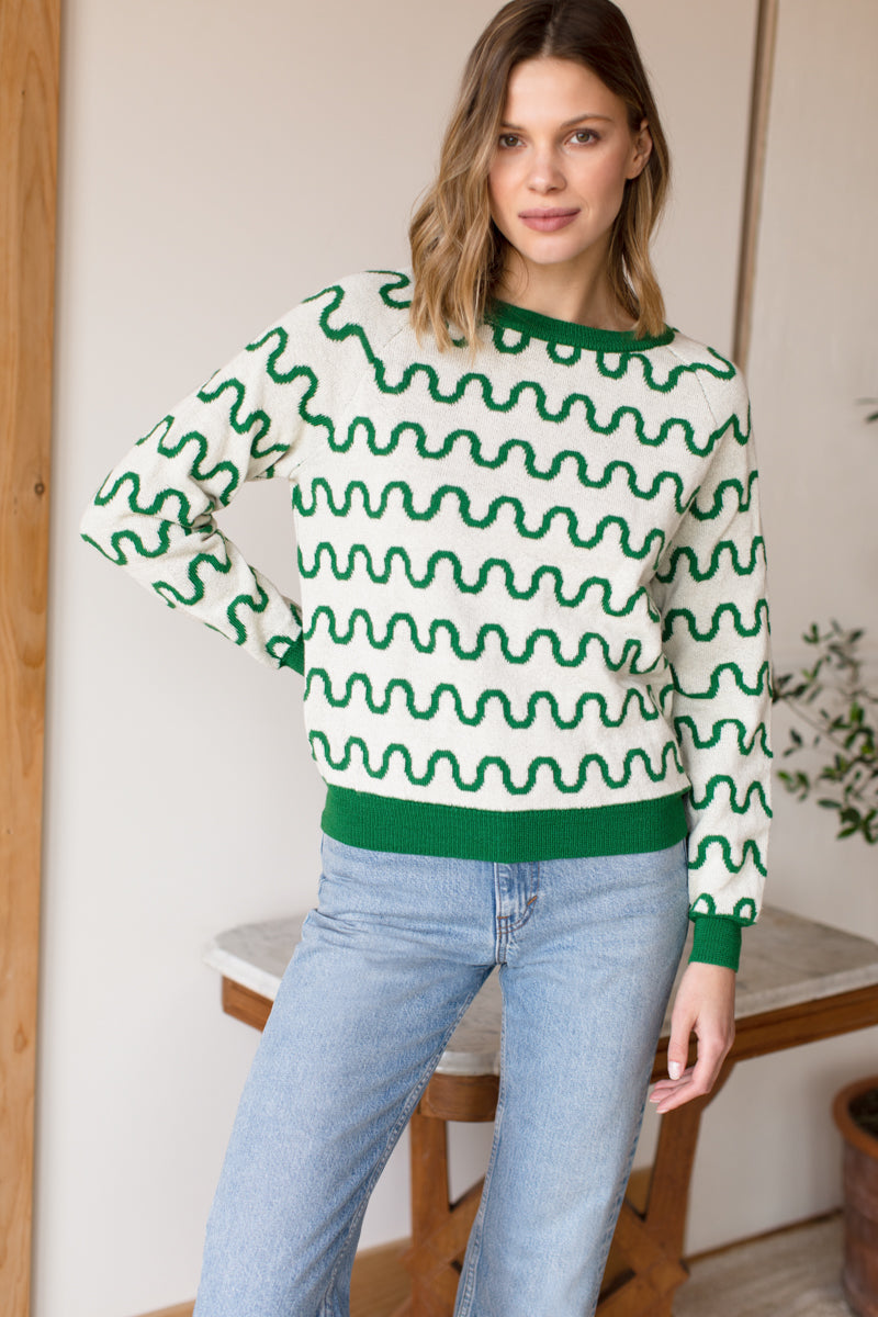 Emerson Sweater - Reversible Loki Stripe Ivory + Green Alpaca