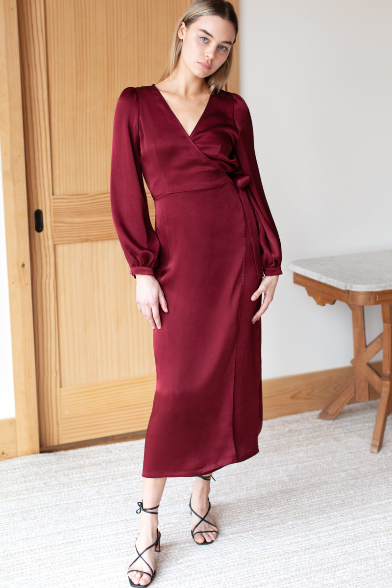 Bishop Sleeve Dress  - Cabernet Satin