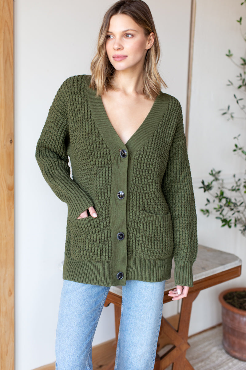 Cozy Cotton Cardigan - Olive Tanguis Cotton