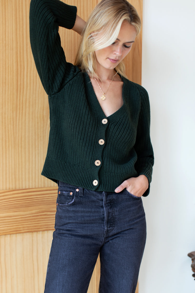 Low V Neck Cardigan - Darkest Spruce Organic