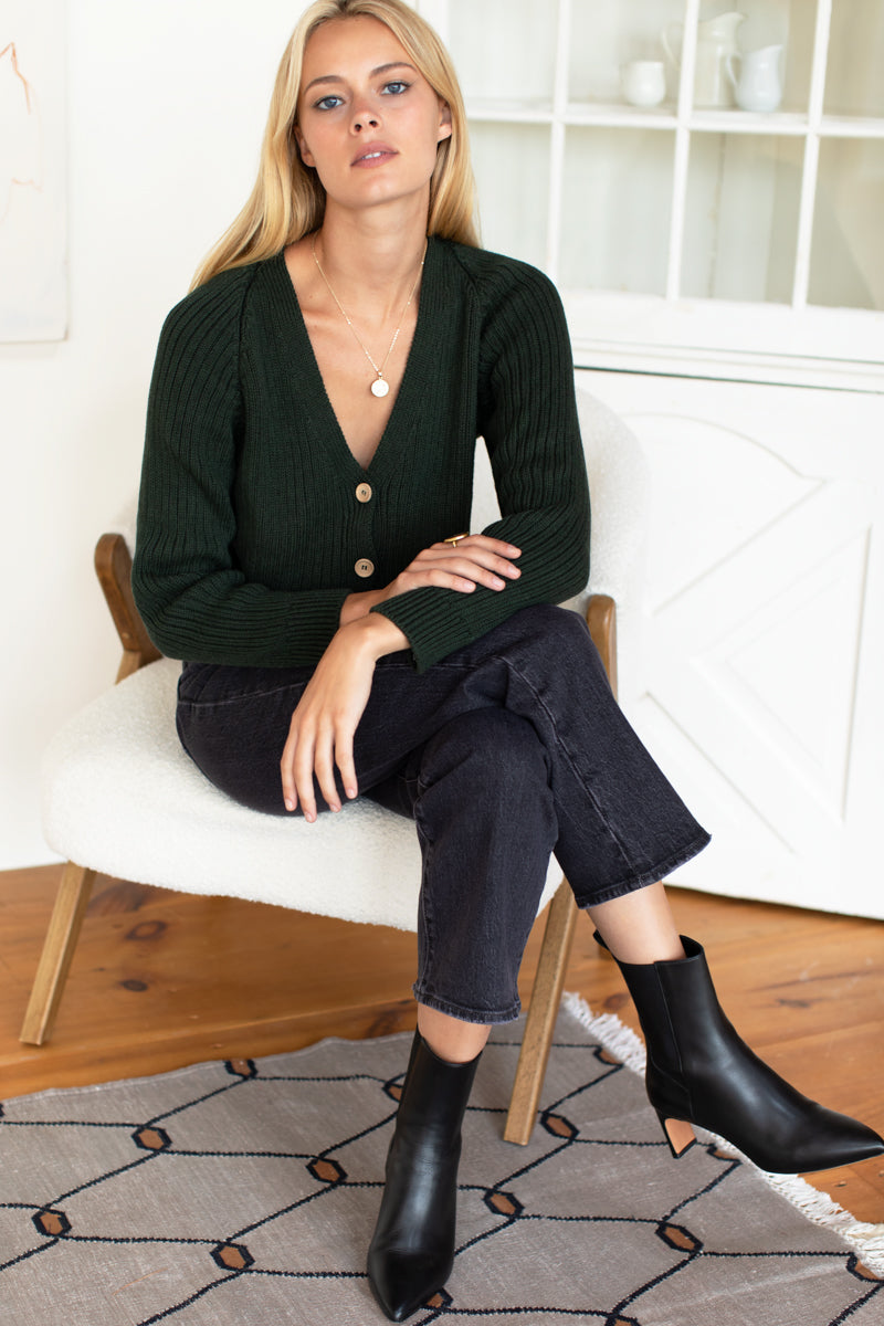 Low V Neck Cardigan - Darkest Spruce Organic