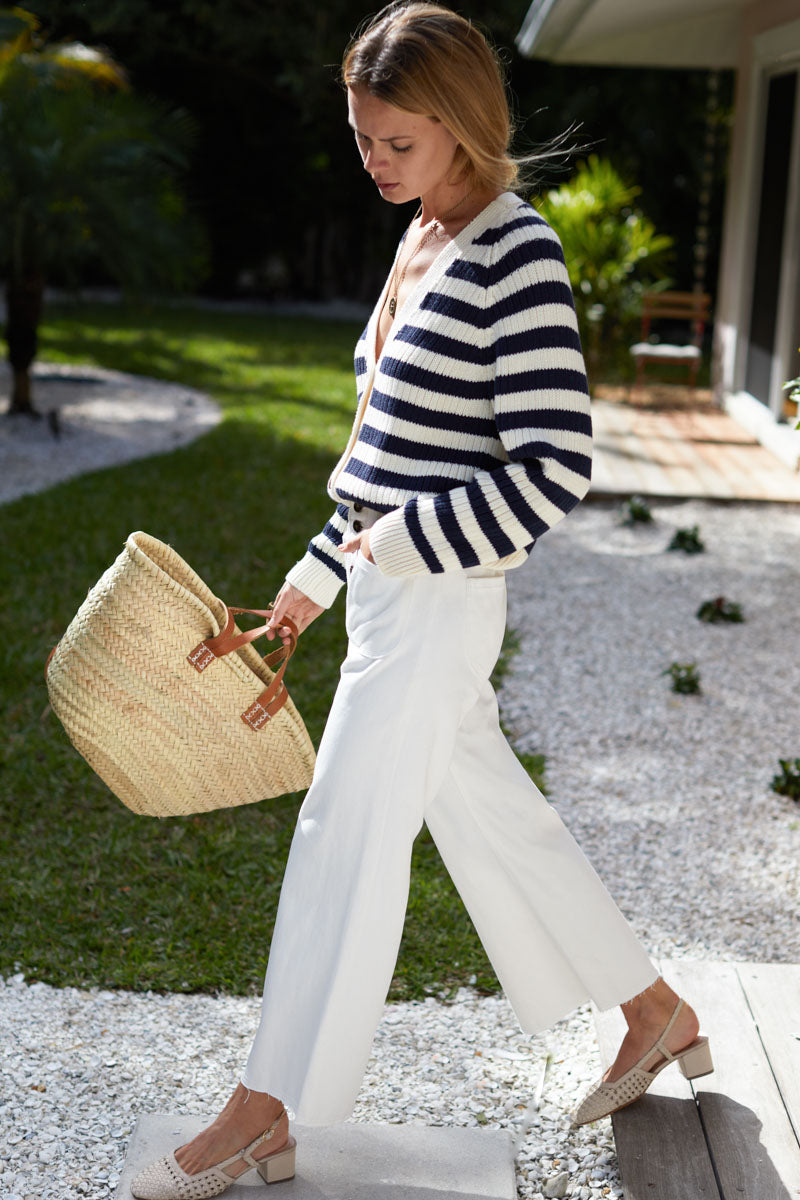 Low V Neck Cardigan - Navy French Stripe Organic