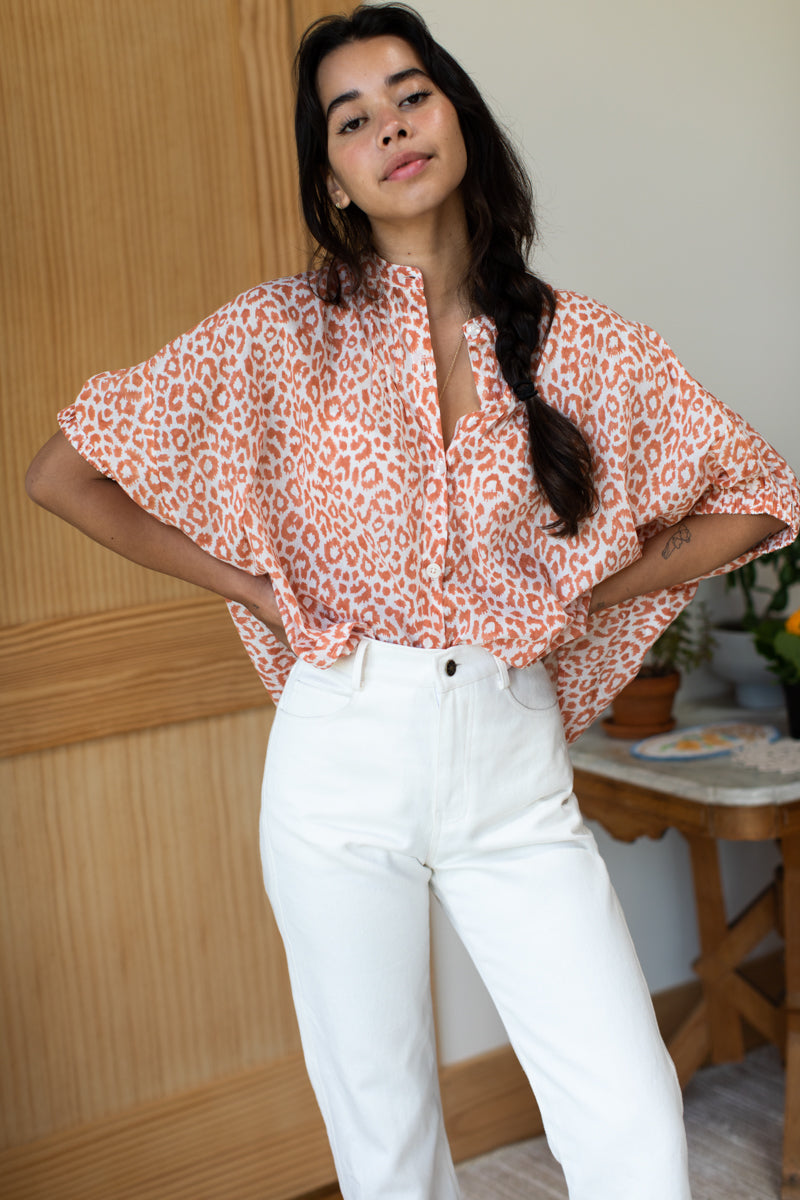 Mandarin Collar Top - Sunbaked Leopard Organic