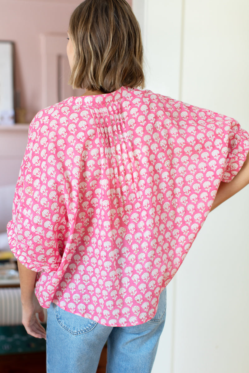 Mandarin Collar Top - Crescent Flower Bon Pink Organic