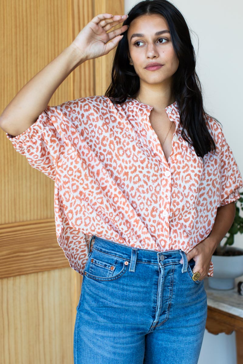 Mandarin Collar Top - Sunbaked Leopard Organic