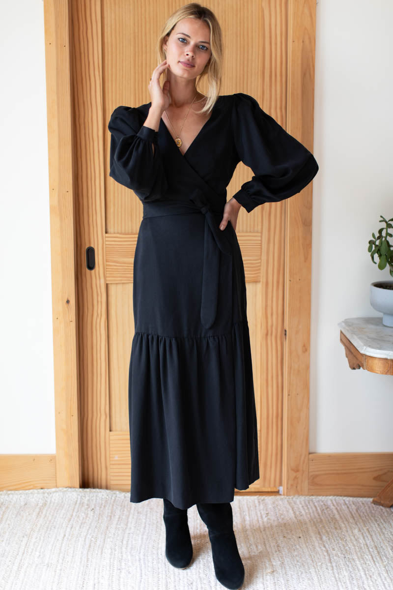 Marigot Tier Wrap Dress - Black Tencel - Emerson Fry