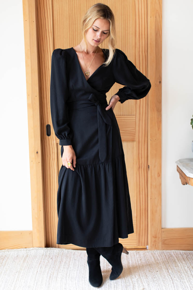 Marigot Tier Wrap Dress - Black Tencel - Emerson Fry