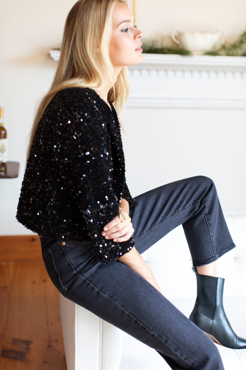 Paillette Crop Jacket - Black Sequin