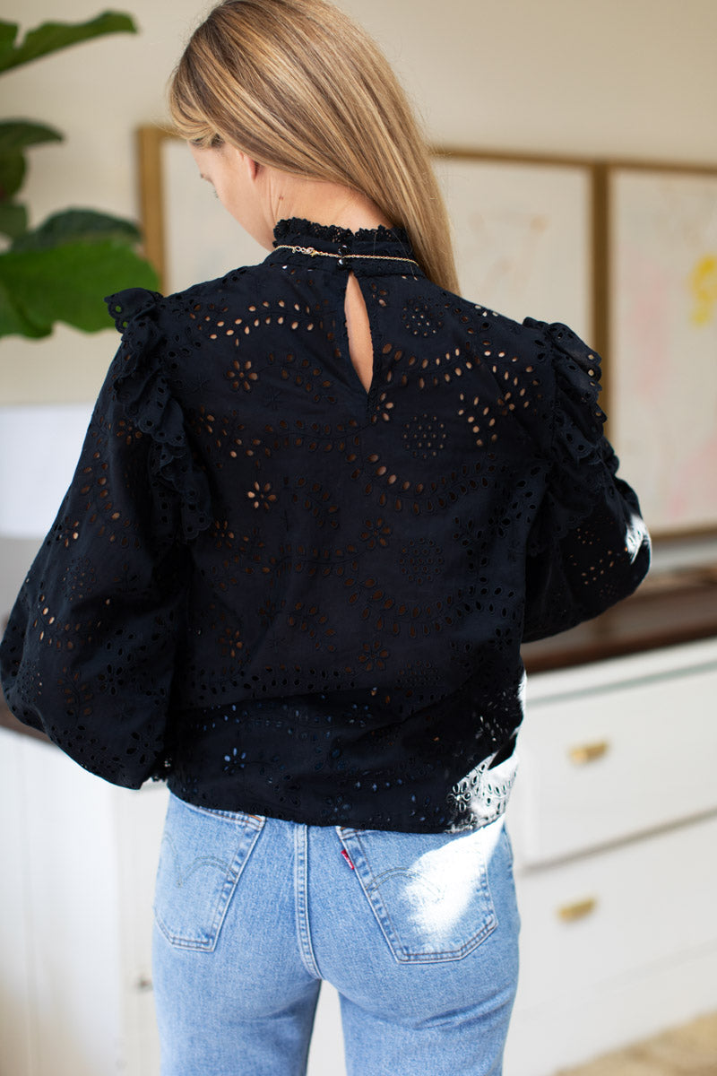 Pearl Long Sleeve Blouse - Black Eyelet